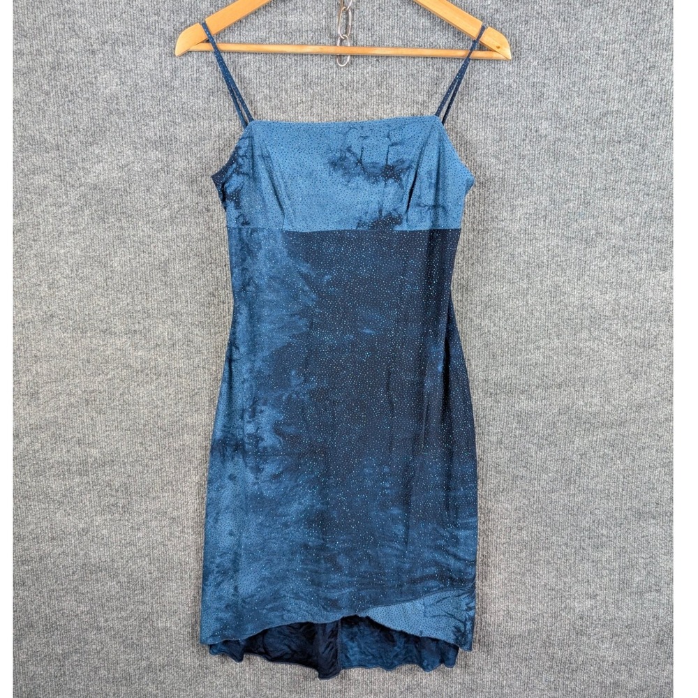 Vintage y2K Hourglass Mini Dress S Blue Tie Dye Glitter Babydoll 90s Made In USA